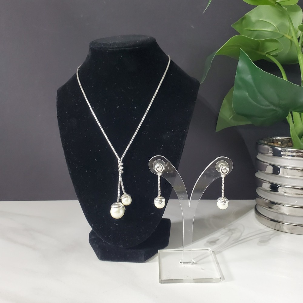 Brighton Twisted Pearl Lariat Necklace and Earring Set in Silver Plated Elegance