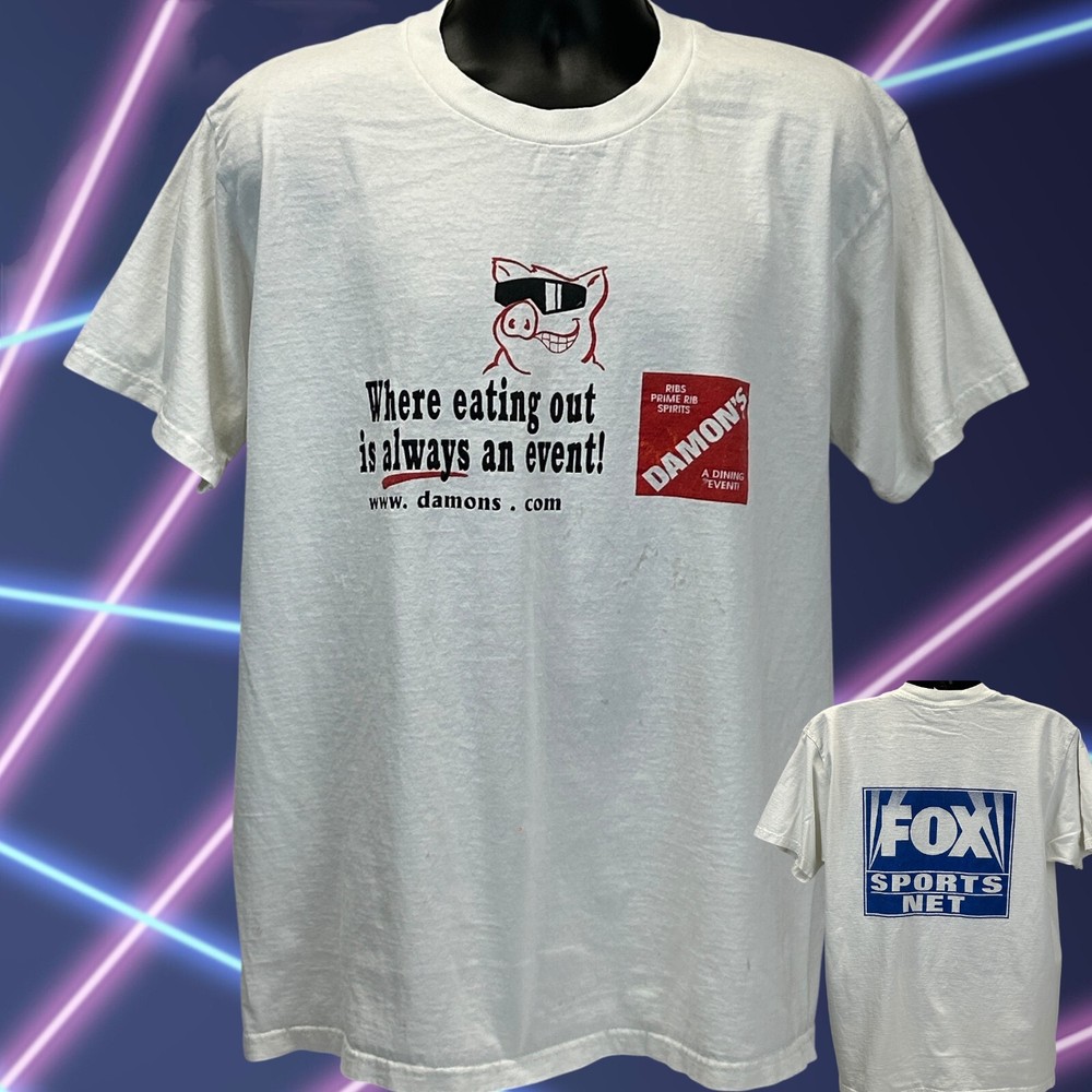 Vintage Damons Sports Bar Eating Out T Shirt Mens X-Large Fox Sports Pig White
