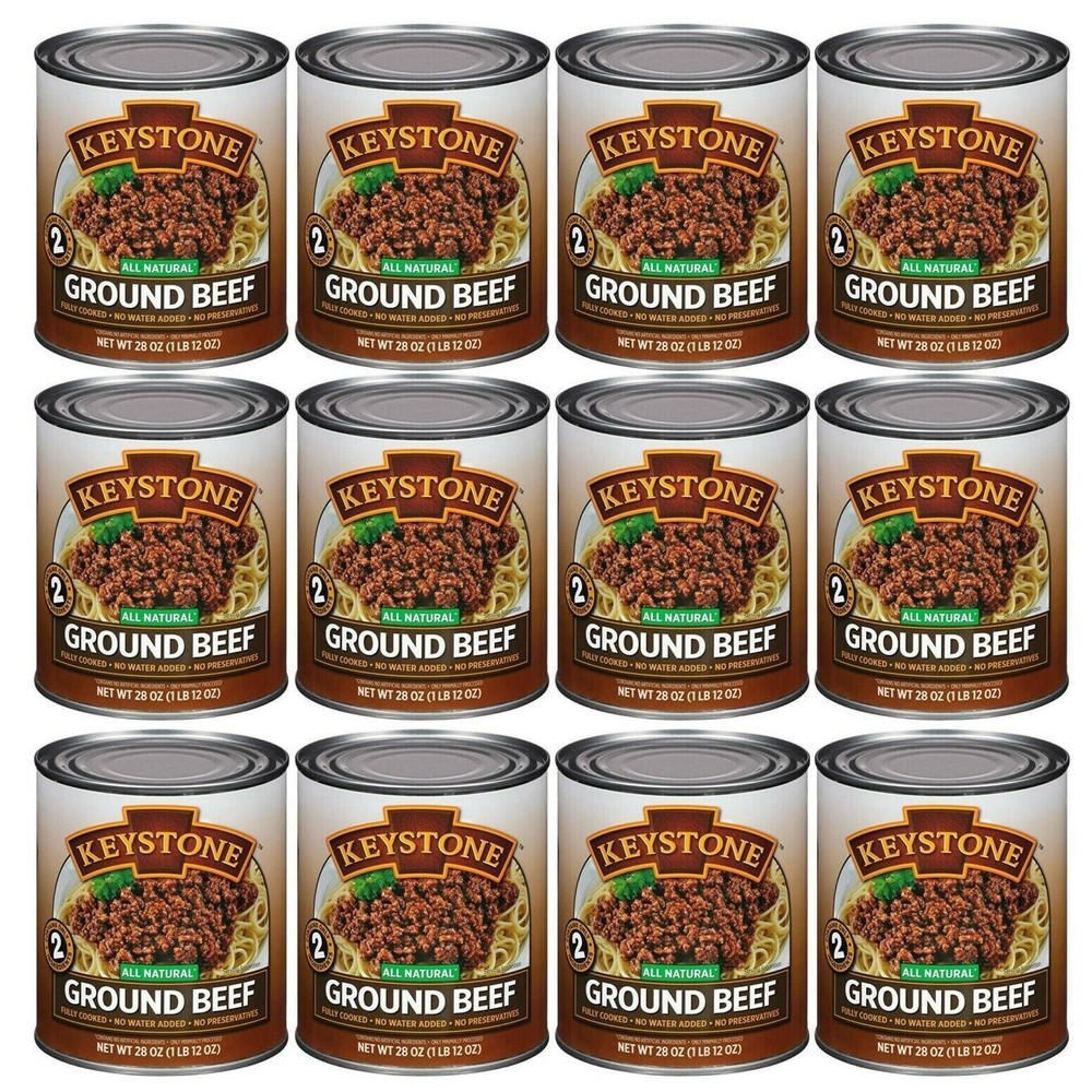 12 Can-Keystone Meats All Natural Ground Beef Fully Cooked 28oz No Preservatives