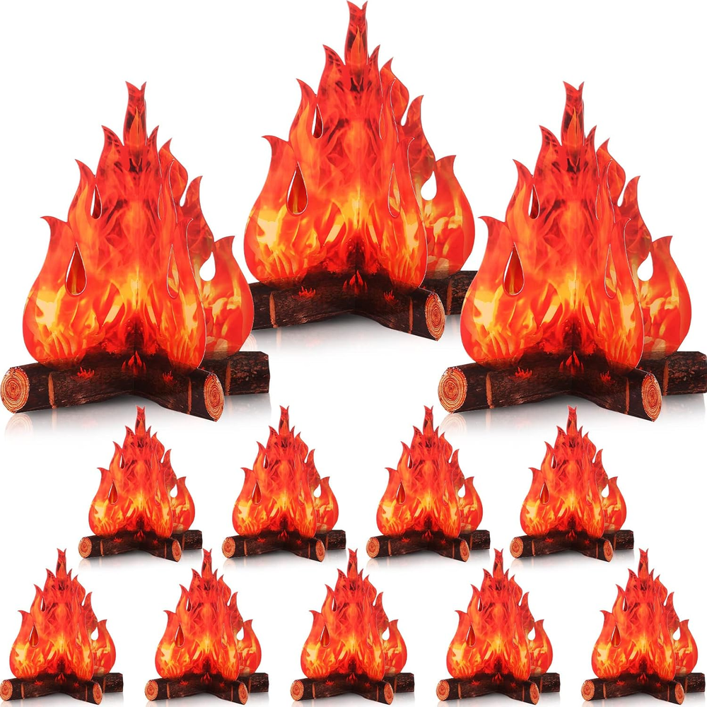12 Set Fake Fire Fake Flame Camping Decoration 3D Cardboard Campfire Centerpiece