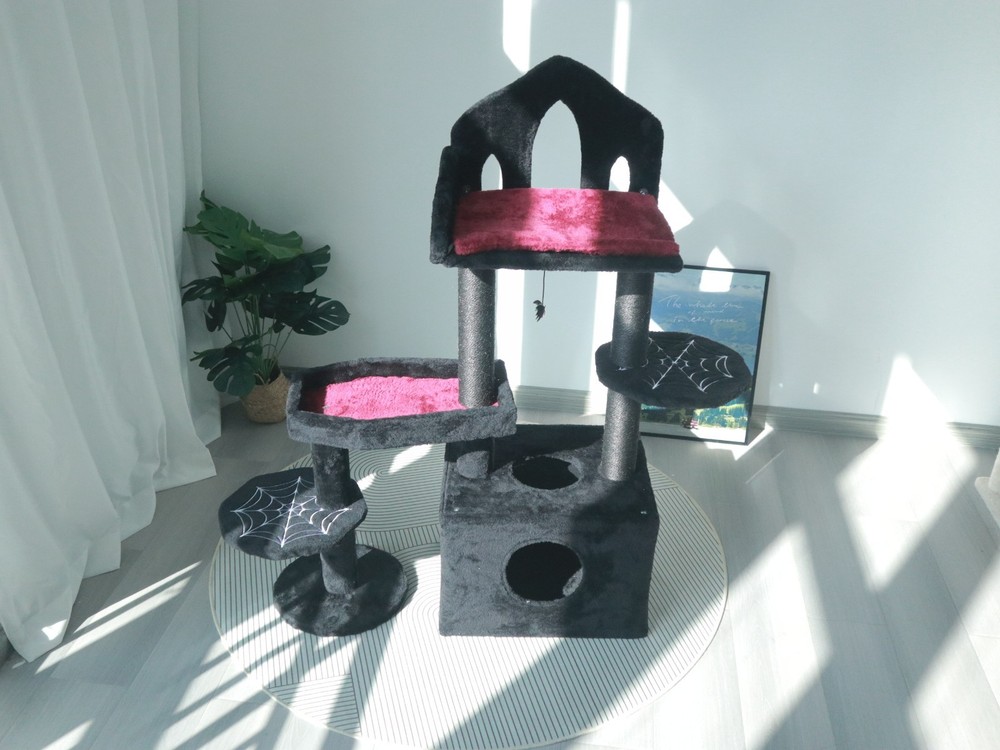 Gothic black cat tree with platforms and scratching posts