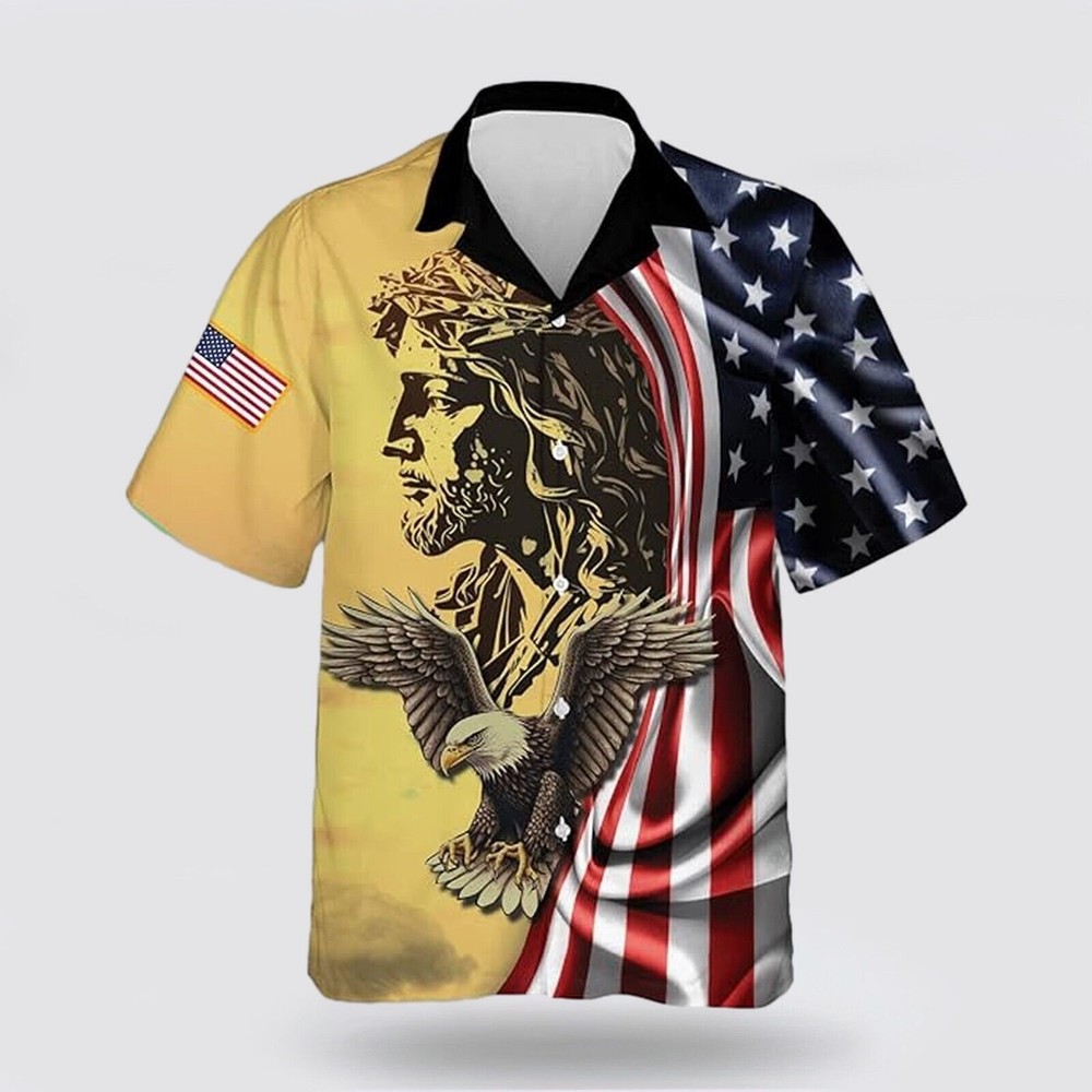 Jesus Eagle US Flag All Over Print Hawaiian Shirt Jesus 3D Hawaiian Shirt