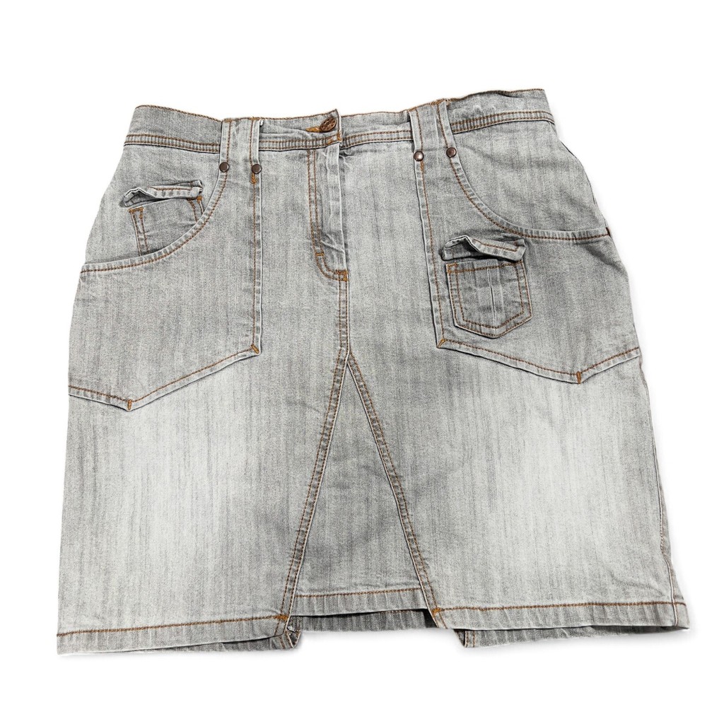 💥 Vintage Y2K Light Grey Denim Cargo Midi Skirt, Faded Utility Aesthetic - M