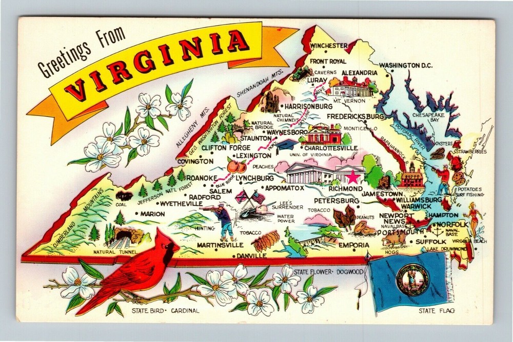 VA-Virginia, General Greetings, Map View, Landmarks, Vintage Postcard