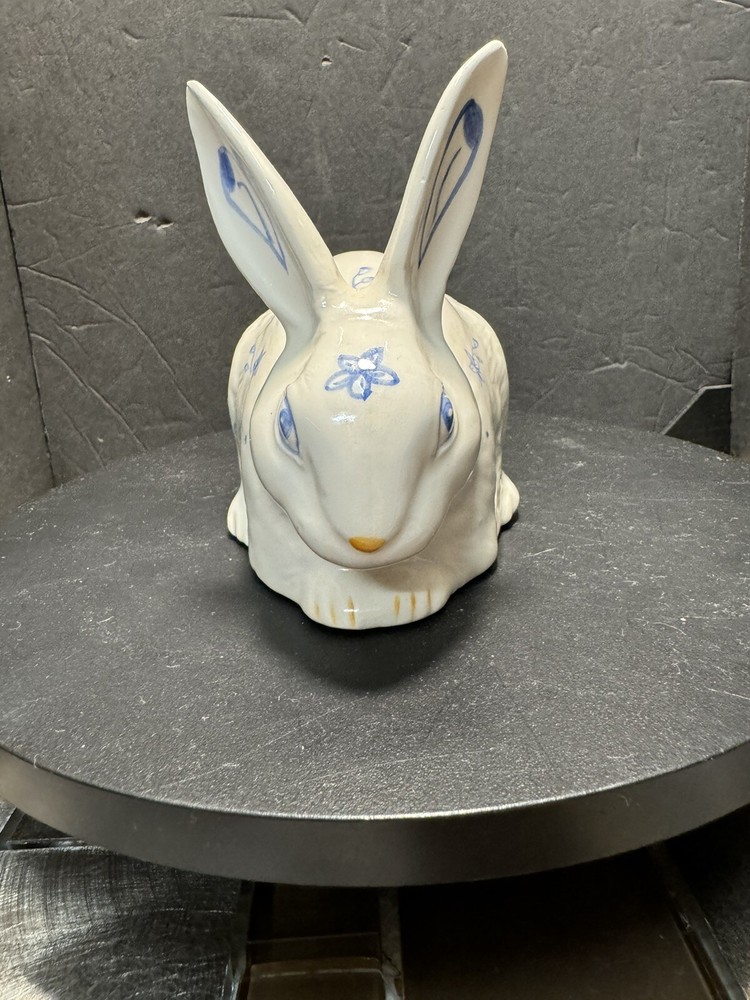 Blue Sky Pottery Blue N White Bunny Christmas Present Sale-image