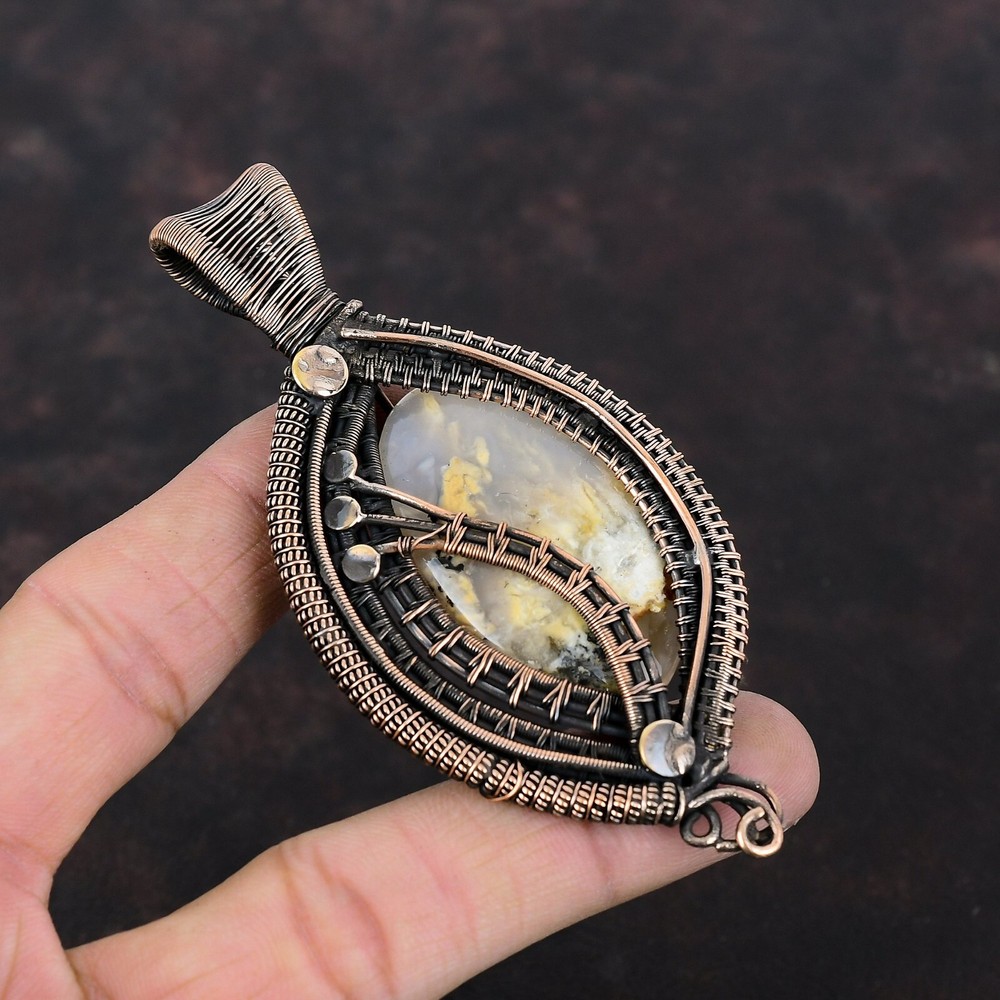 New Year Deal Copper Plume Agate Gemstone Daughter Wire Wrapped Pendant Jewelry
