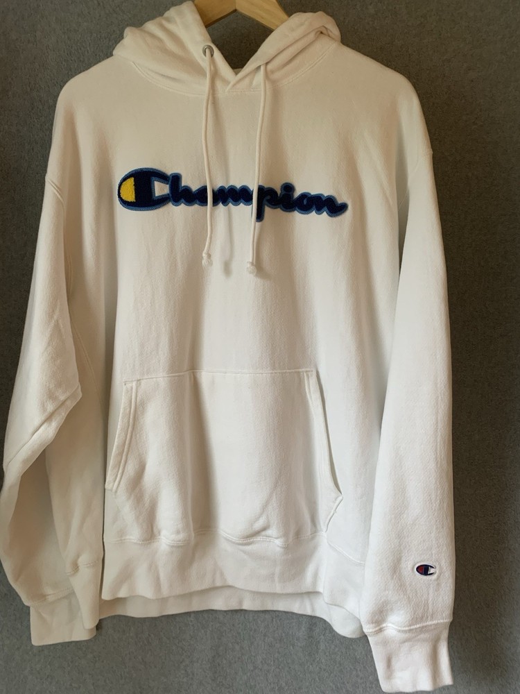 Champion Reverse Weave Hoodie Mens XL White Spell Out Logo Hooded Sweatshirt