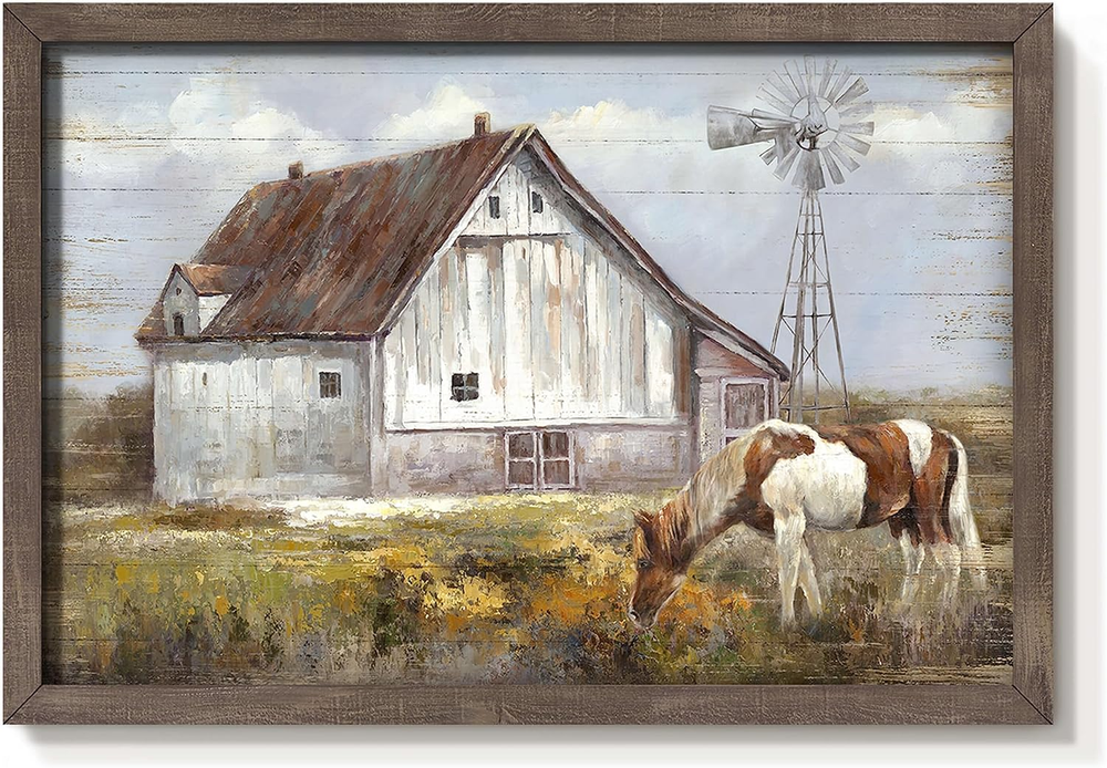 Barn Framed Wall Art Decor: Rustic Farmhouse Wooden Picture Country Windmill Mea