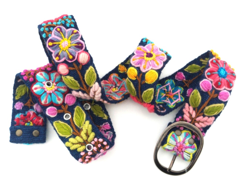 Colorful floral embroidered belt, wool embroidered belts, HANDMADE CUSCO