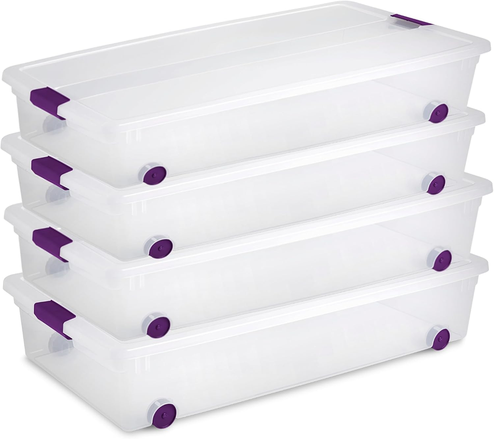 4-Pack 60 Quart Clearview Wheeled Underbed Storage Bins with Secure Latch