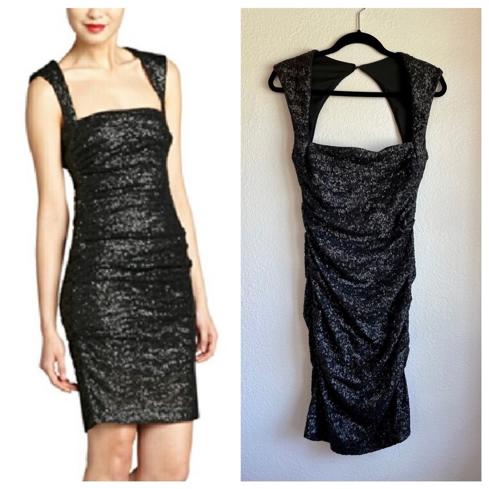 Nicole Miller Black Sequin Ruched Sheath Dress with Cutout Back Size 8