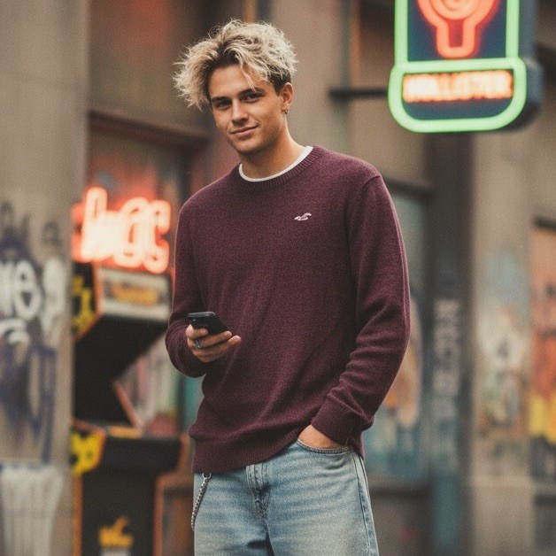 Hollister Men's Crew Neck Sweater Size Medium Burgundy Long Sleeve Pullover Logo