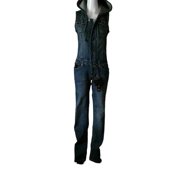 Akademiks Demin Stonewash Jumpsuit Button Up Y2K Graphic Print Hooded Size 28