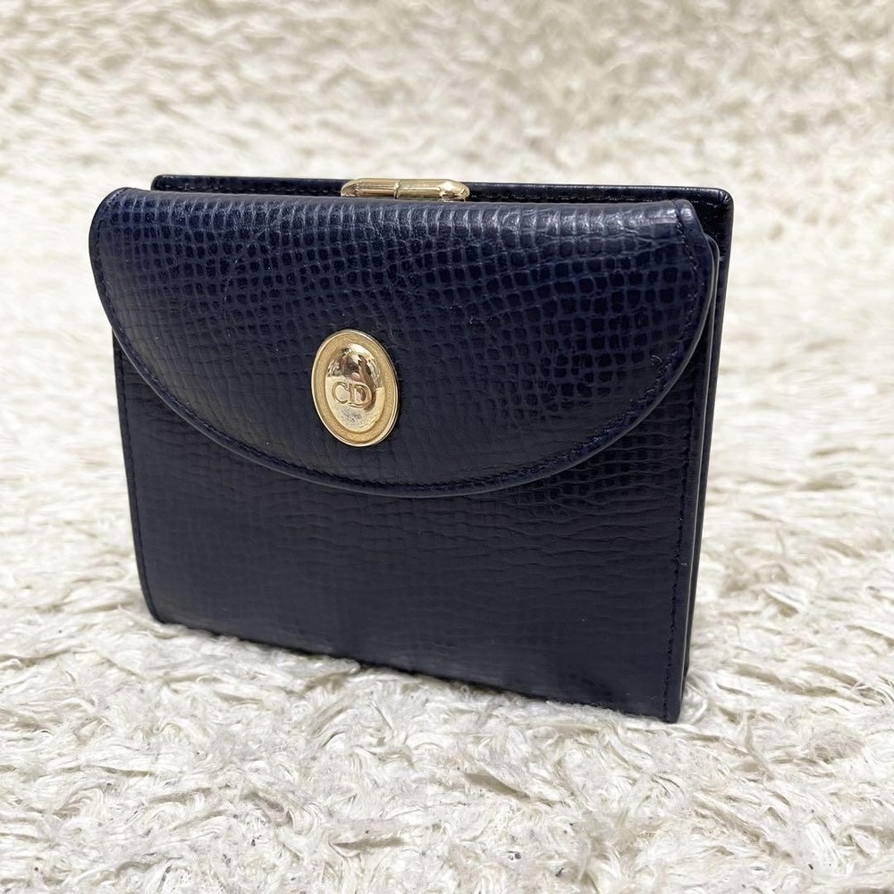 Dior Dark Blue Leather Tri-Fold Wallet with Gold Hardware Pre-Owned