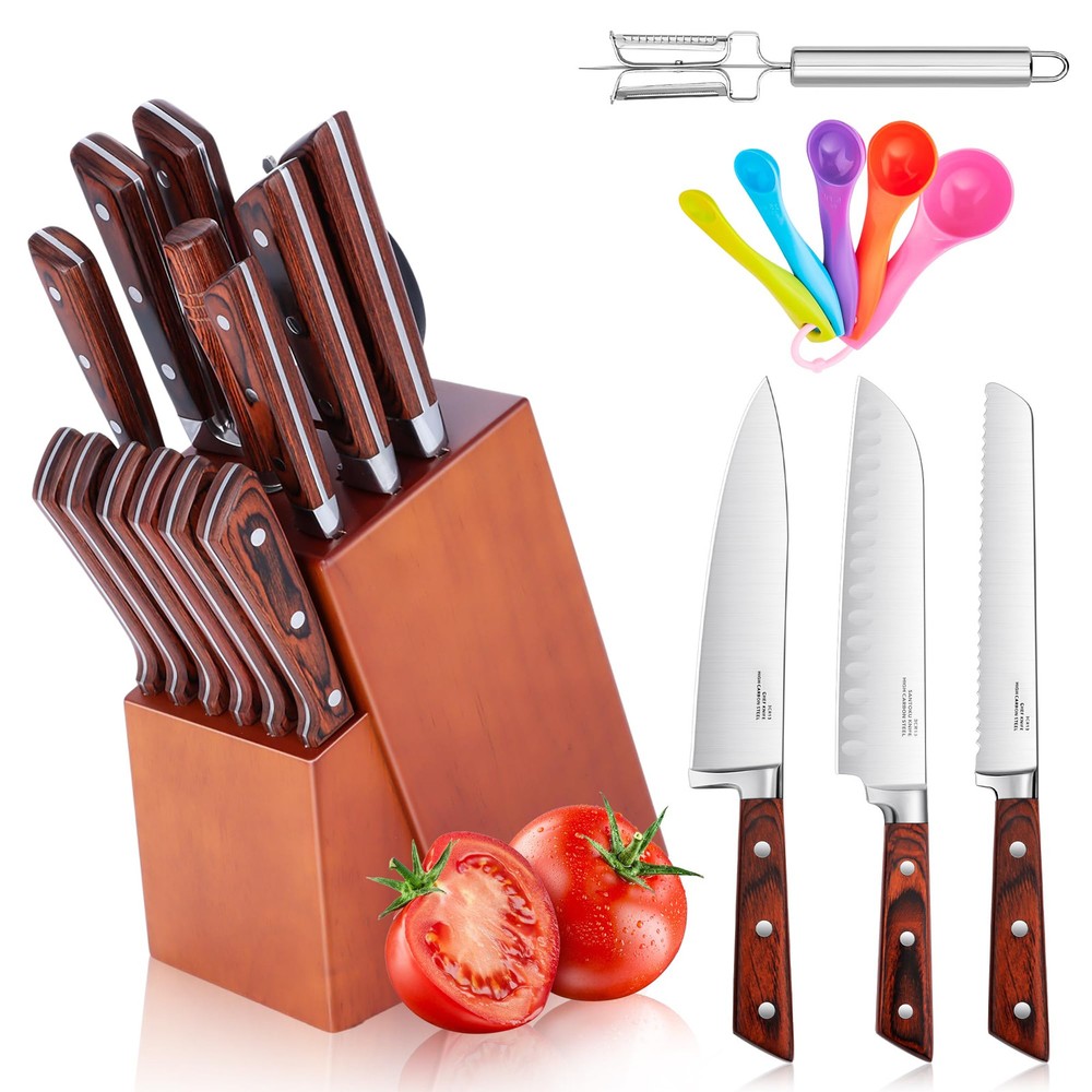 17-Piece Professional Stainless Steel Chef Knife Set with Wooden Block for Precision Cooking and Kitchen Mastery