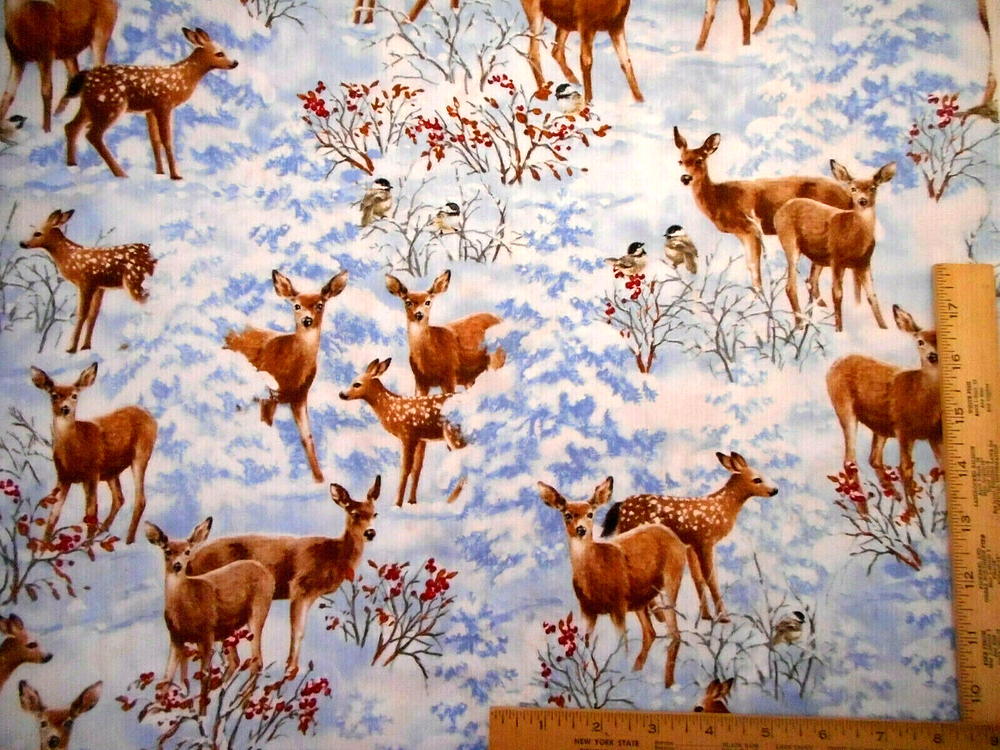 Christmas Fabric By The Yard Natures Holiday Deer Fawn in Snow Blue Cotton #28