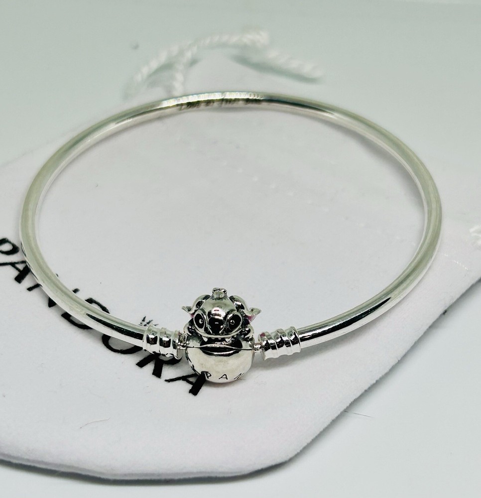 NEW PANDORA 925 Silver Disney Stitch Biting Clasp Bangle Bracelet 21 cm