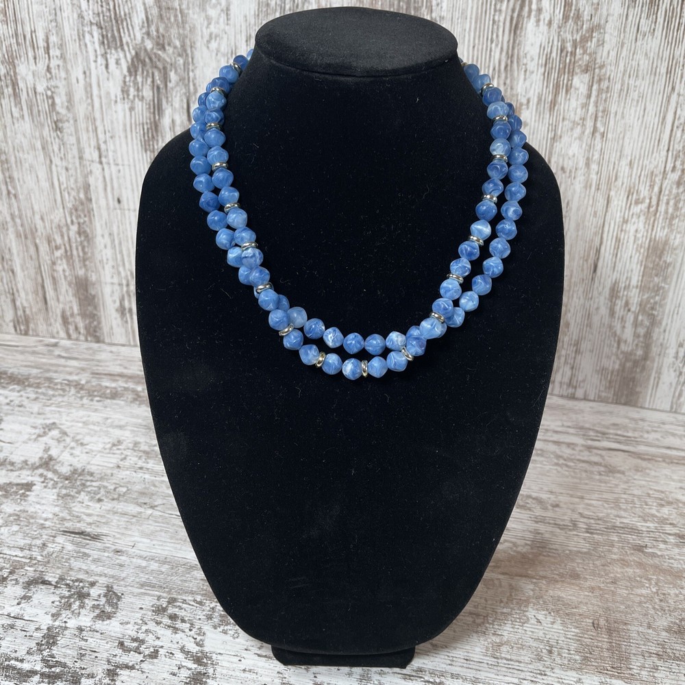 Blue Silver Beaded Necklace Collar 20 Inches Long