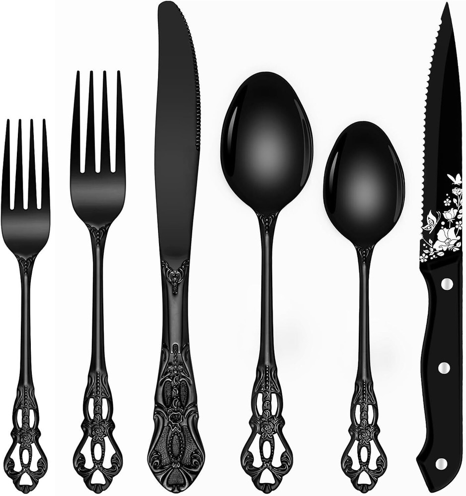 Black Silverware Set for 8 by Ollex, 48-Piece Retro Royal Flatware Collection