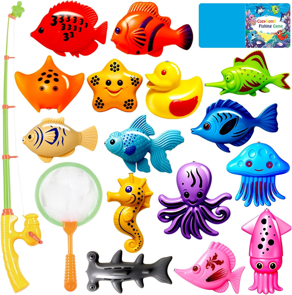 Cozybomb Magnetic Fishing Bath Toy Set for Kids with Floating Fish and Pole Rod