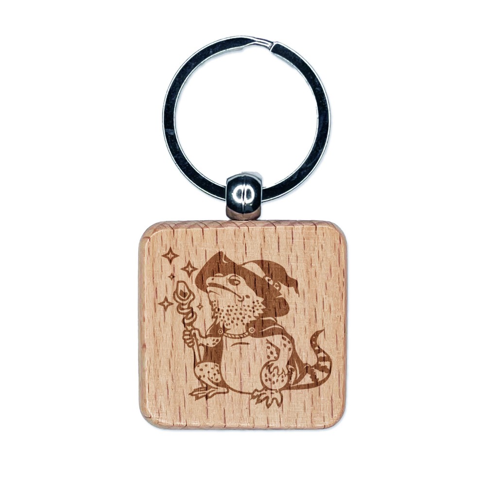 Bearded Dragon Wizard Lizard Engraved Wood Keychain Charm Tag  