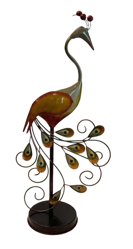 Colorful 27-Inch Metal Peacock Garden Sculpture with Painted Feathers