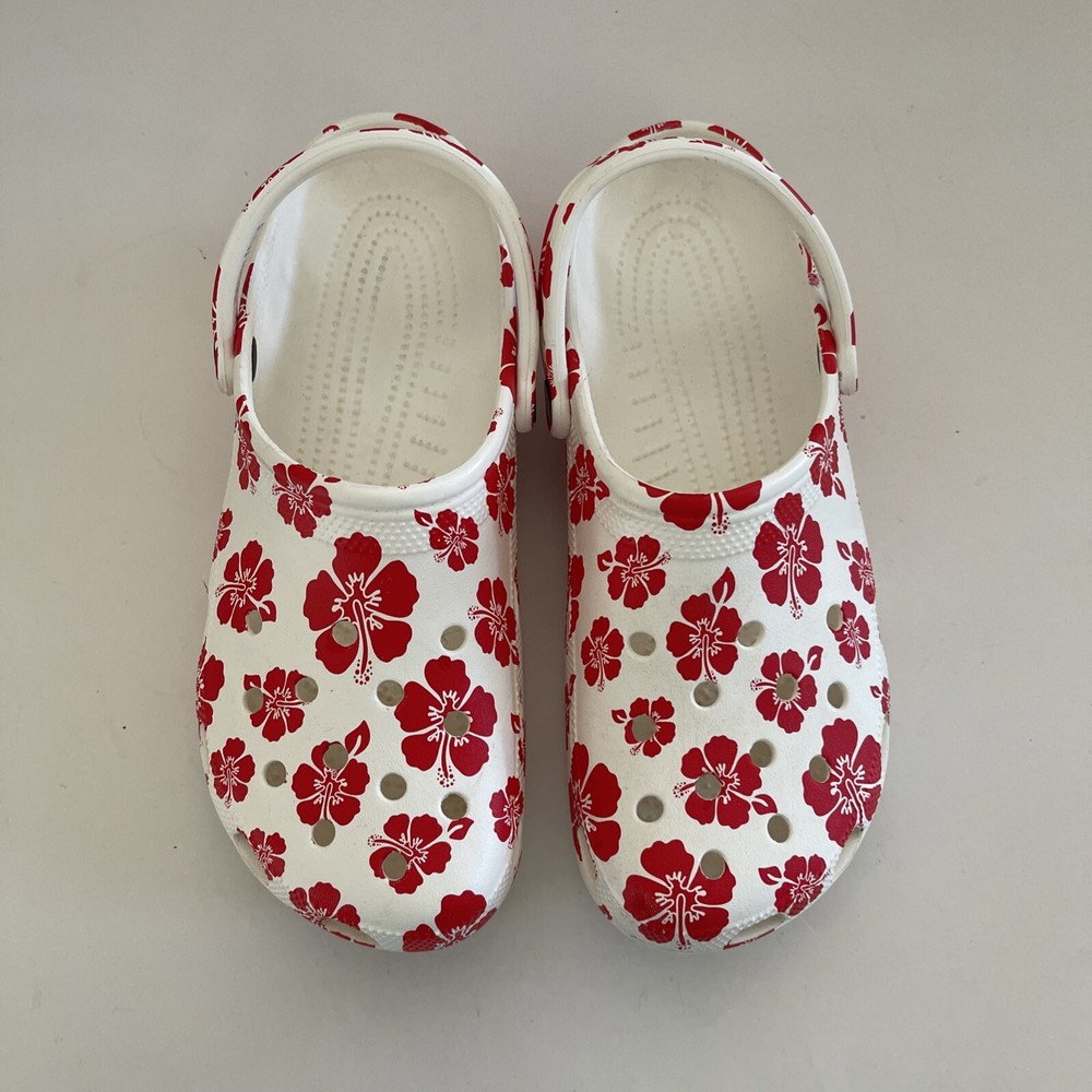 Crocs Resort White with Red Hawaii Hibiscus Clogs  size M 10 / W 12