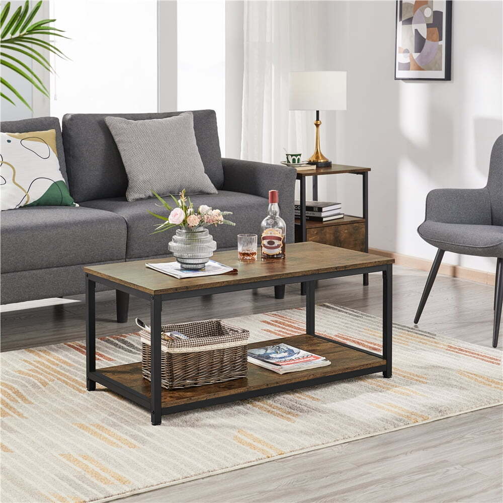 Industrial Wood Coffee Table with Storage Shelf for Living or Dining Room in Brown