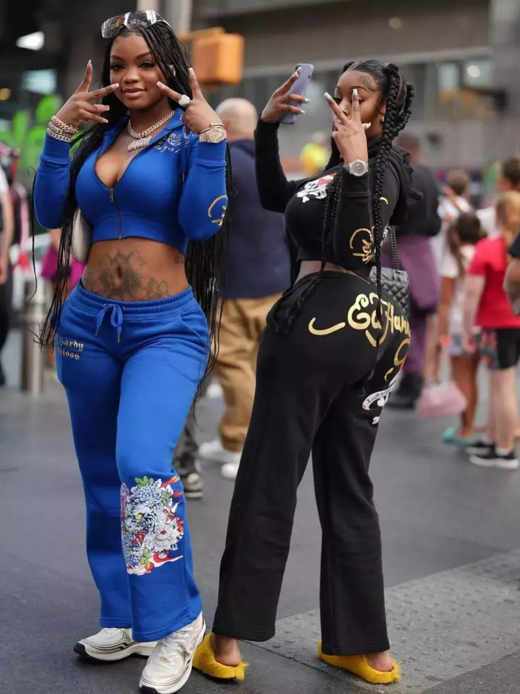 Ed Hardy Y2k Tracksuit Set Croped Zip Up Hoodie And Sweatpants Blue/Black/Red