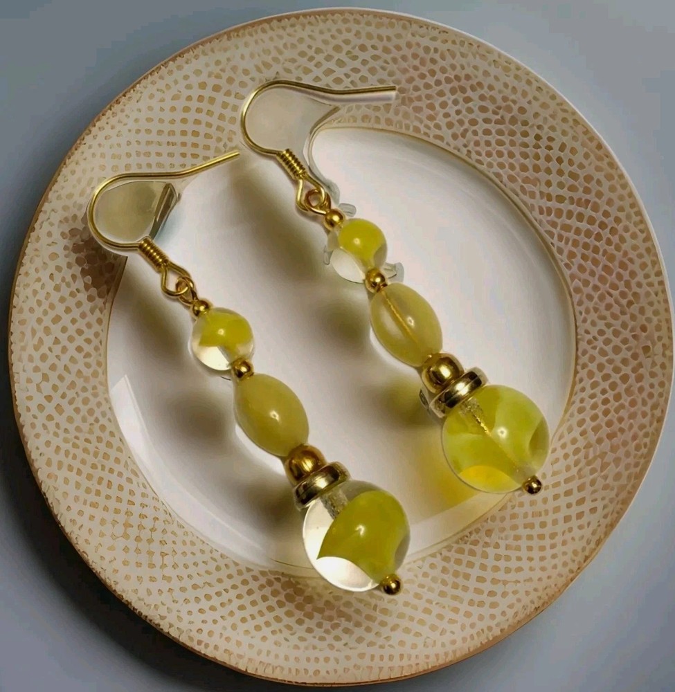 Vintage Gold Plated Yellow Glass Bead Drop Dangle Earrings