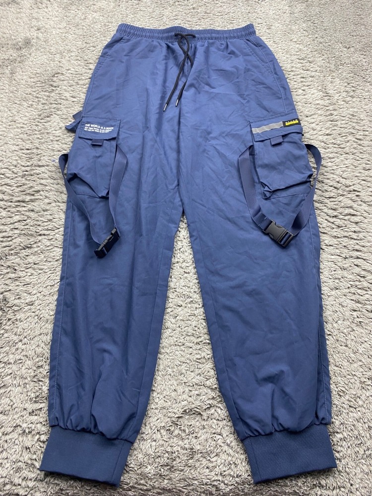 Men's Navy Blue Lined Cargo Joggers with Tapered Parachute Style