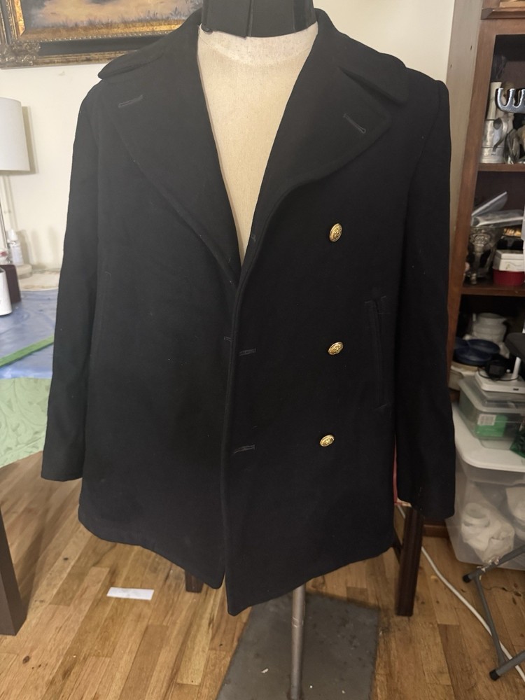Vintage USMS Merchant Marine Pea Coat 40R Black Wool 1980s-90s Officer’s