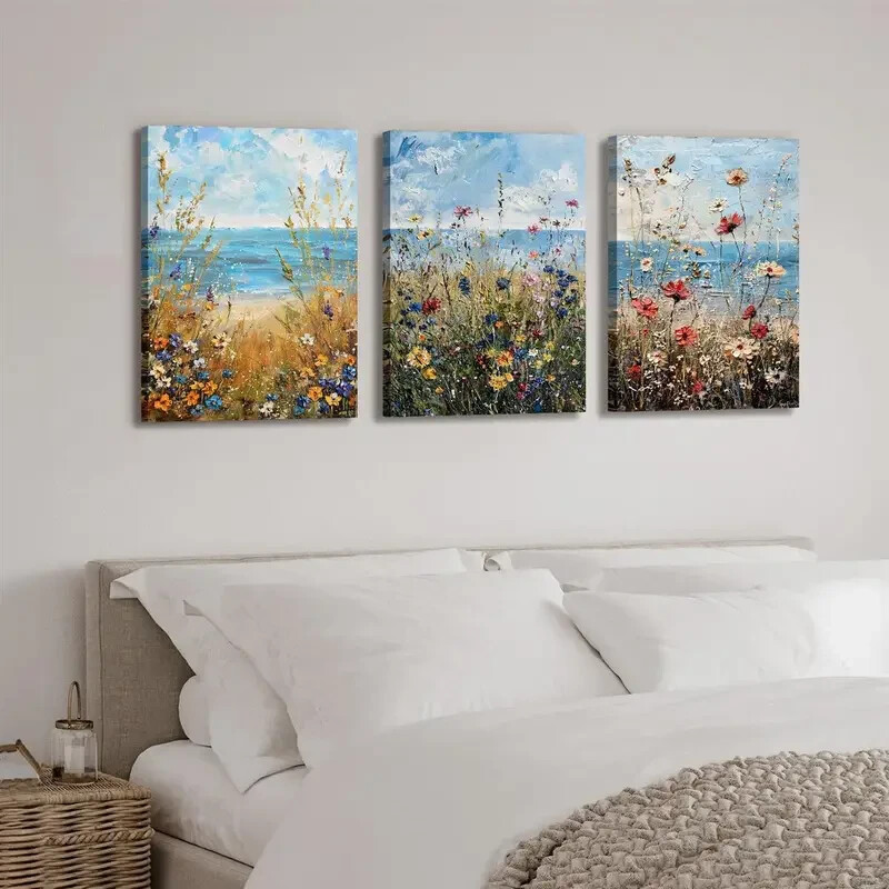 3pcs Coastal Wildflower & Ocean Beach Canvas Unframed