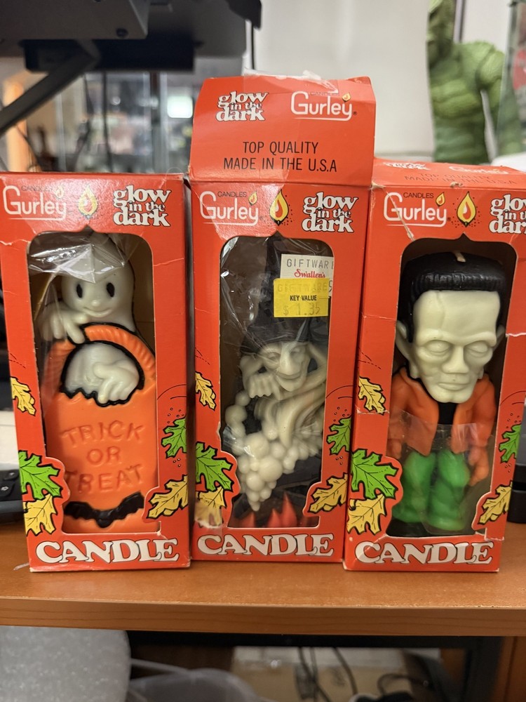 VINTAGE GURLEY GLOW IN THE DARK HALLOWEEN SET FRANKENSTEIN WITCH GHOST
