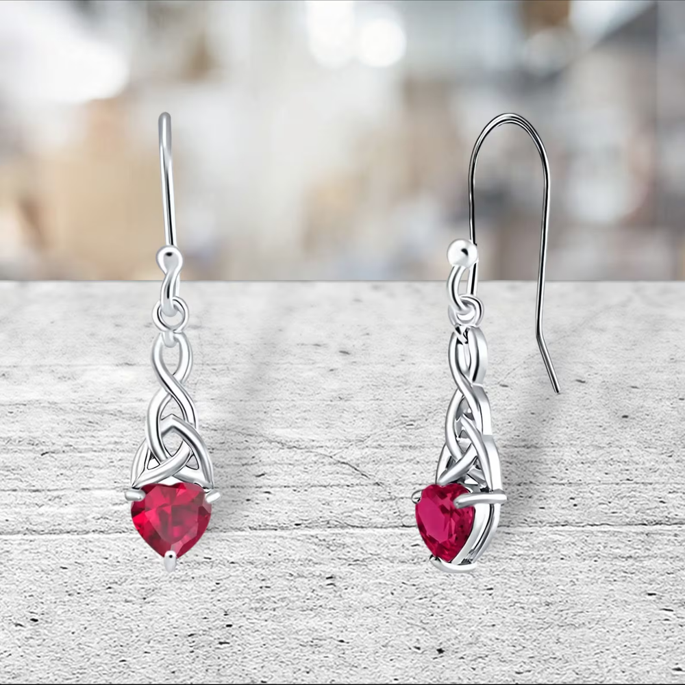 Genuine Ruby Heart Shape Dangle Celtic Trinity Earrings Solid Sterling Silver