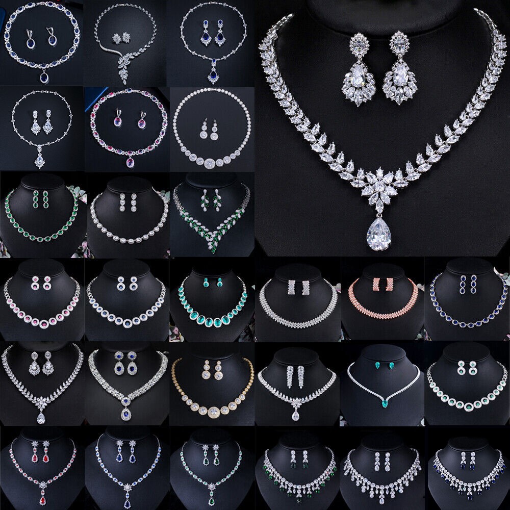 Statement White Crystal CZ Necklace Earrings Set Bridal Wedding Choker Jewelry