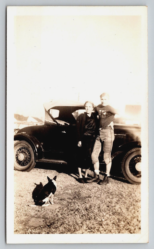 Vintage Antique Photo of Car Football Player Boy Lady Woman Puppy Dog