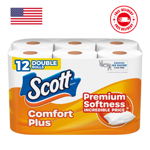 Scott ComfortPlus Toilet Paper, Soft 1-Ply Septic-Safe Rolls, 12 Pack
