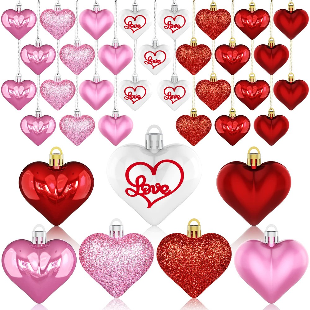 Labeol Valentine's Day Decor Heart Ornaments 36 Pcs Heart Shaped Baubles Red ...