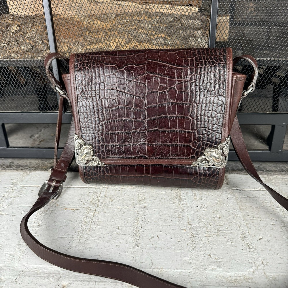 Vintage Brighton Brown Leather Alligator Embossed Crossbody Handbag Purse