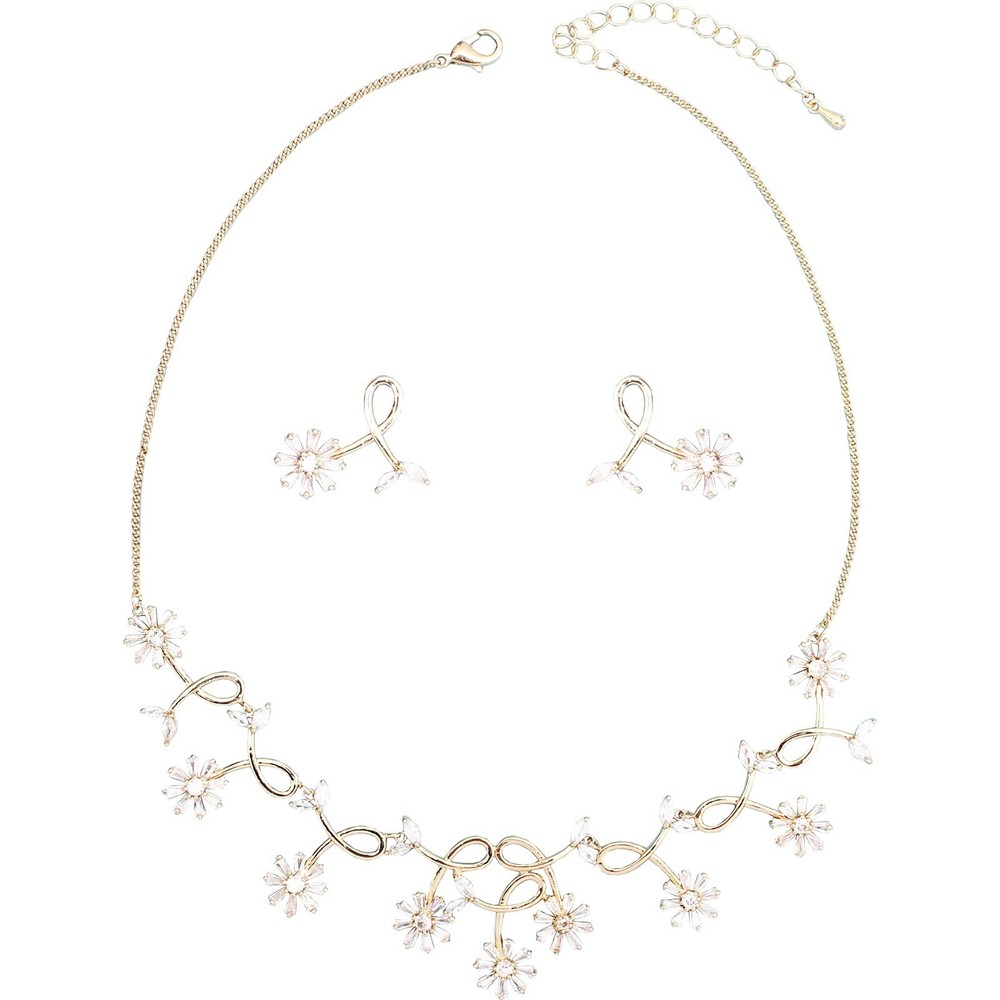 AAA Cubic Zirconia CZ Silver-Plated Teardrop Flower Necklace and Dangle Earrings Set