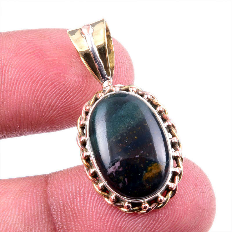 Natural Bloodstone Gemstone 925 Sterling Silver Two-Tone Pendant 1.5 Inch