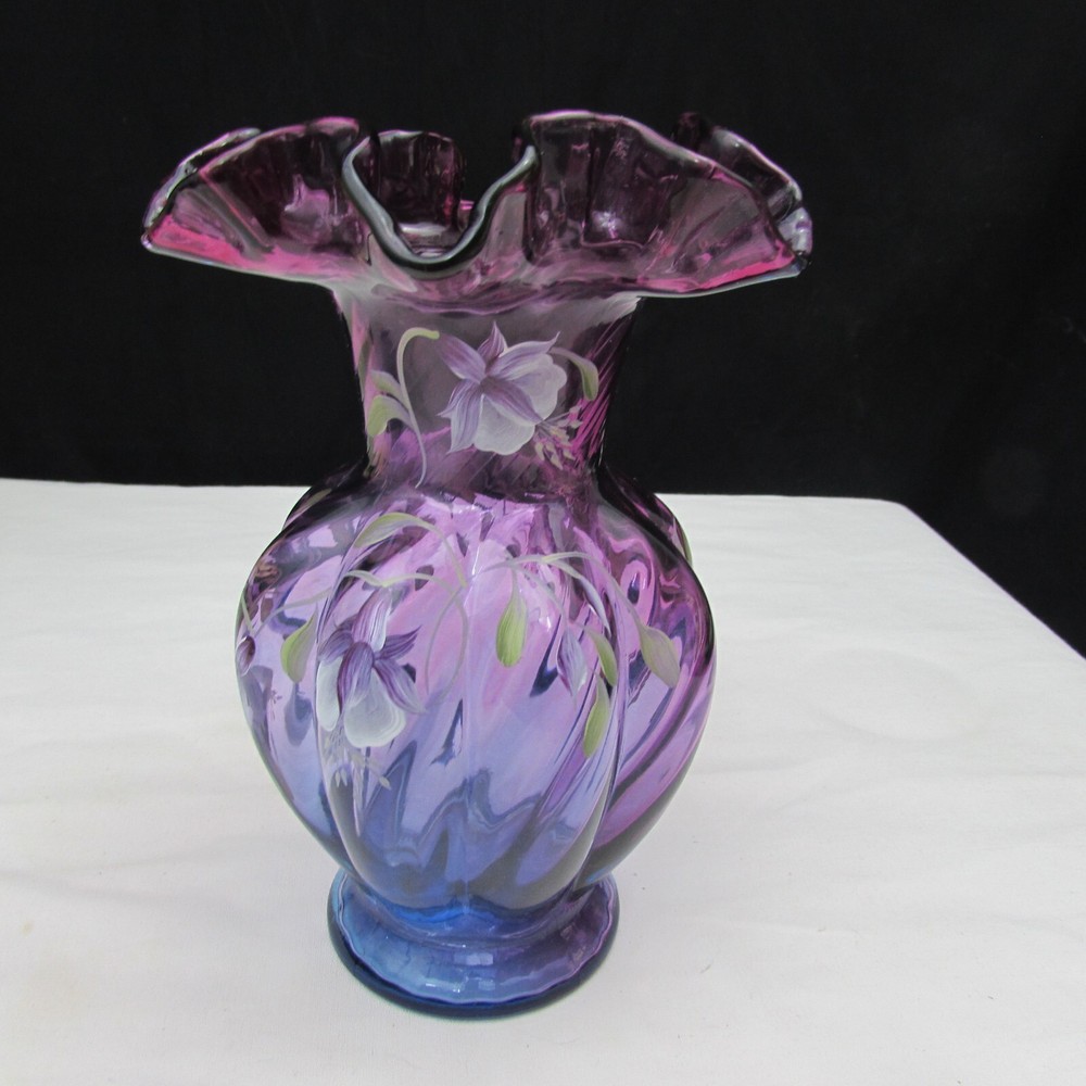 Fenton Mulberry Spiral Optic Floral Hand Painted Melon Vase Special Order 00 349