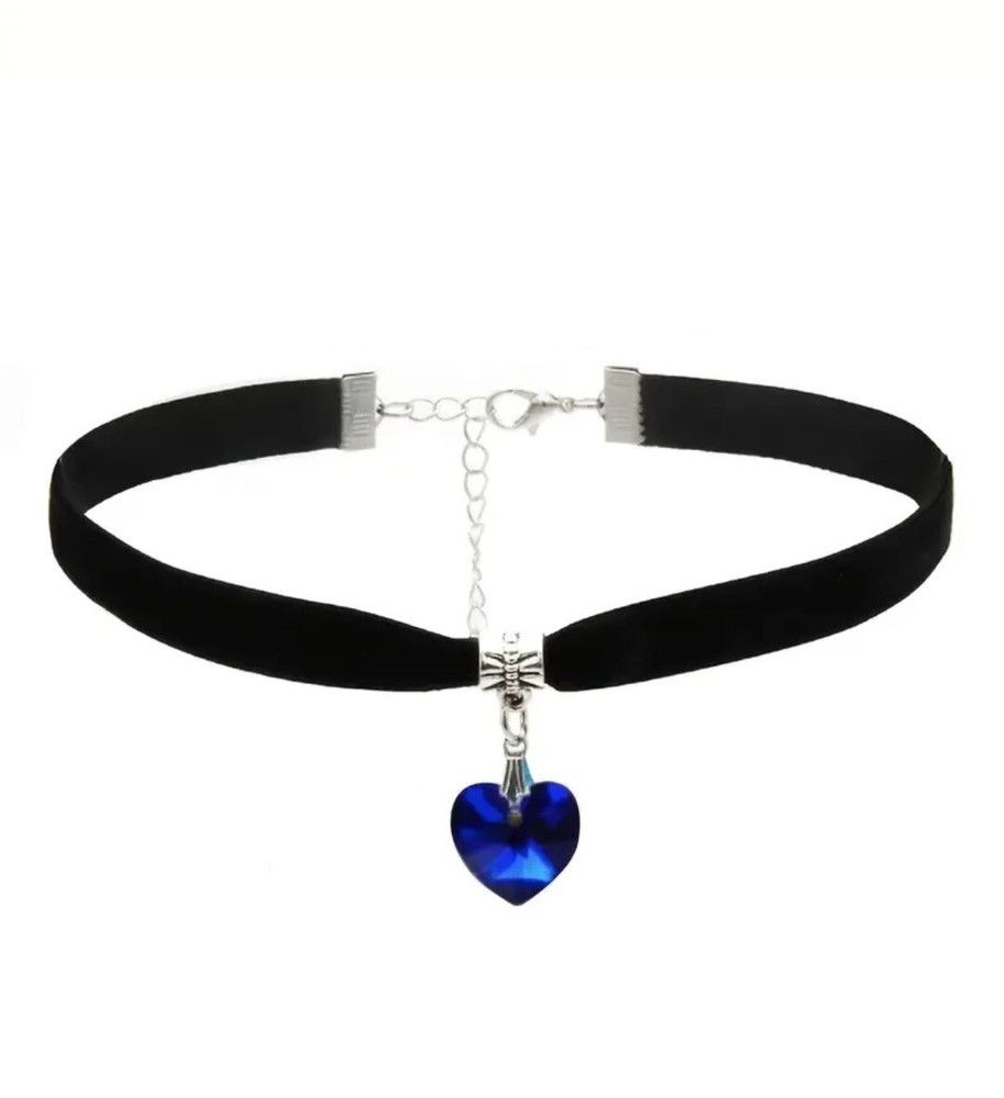 Black Velvet Choker Necklace with Diamond Cut Blue Crystal Heart Pendant