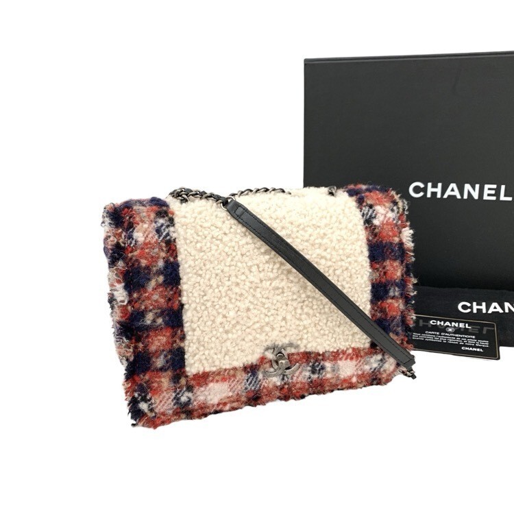 CHANEL Red and Navy Tweed Boa Turnlock Chain Shoulder Bag with Mouton Trim