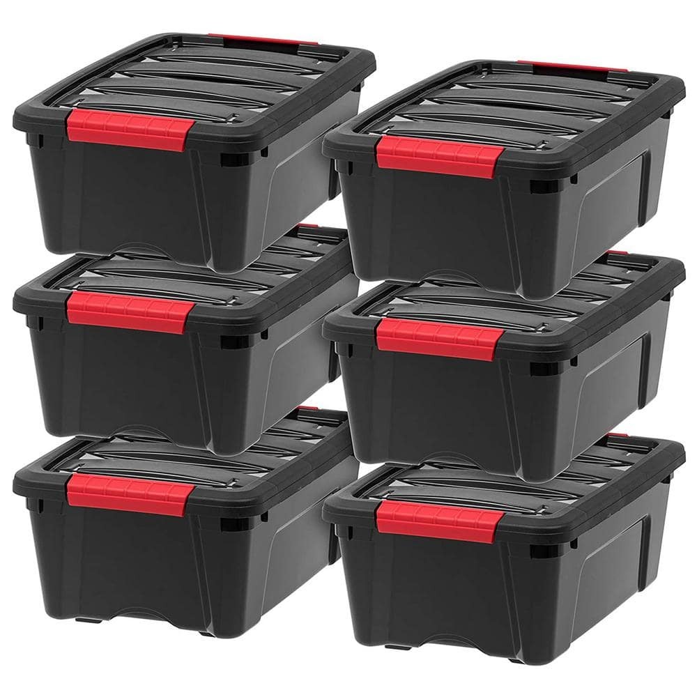 12 qt Black Plastic Storage Bin with Lid - 6-Pack