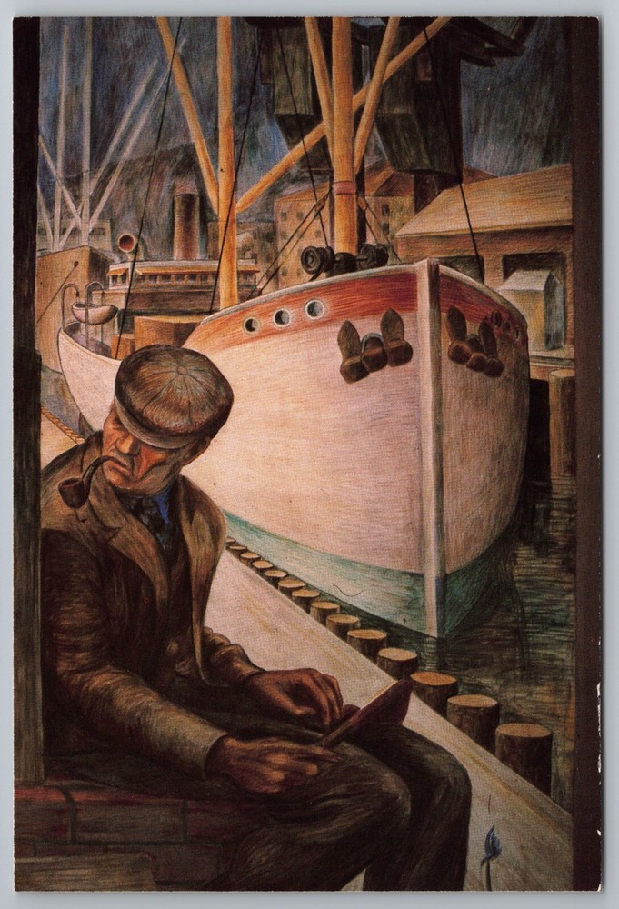 Vintage William Hesthal CA Man Smoking Pipe Fishing Boat Dock Postcard E1