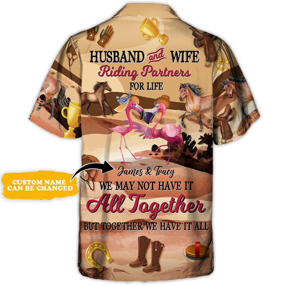 Personalized Horse Riding Flamingo Husband And Wife   Hawaiian Shir