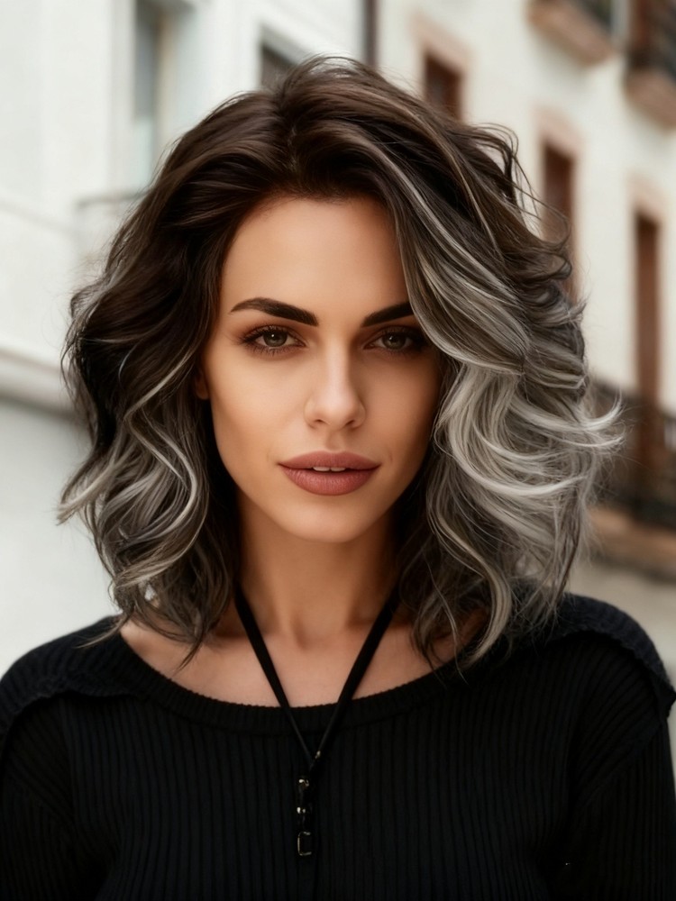 Dark Brown with Ash Blonde Highlight Human Hair Wave Lace Front Wig