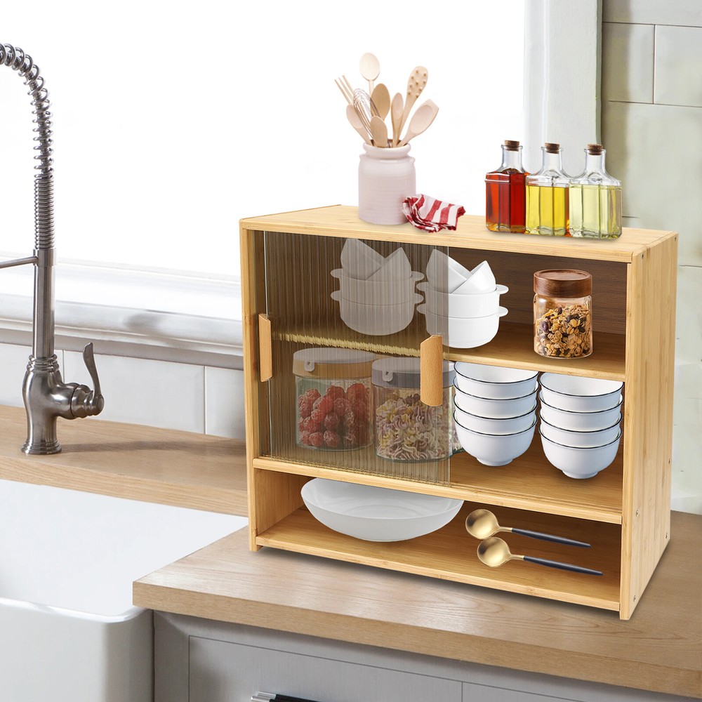 Modern Bamboo Kitchen Pantry Cabinet with Countertop Storage Organizer  